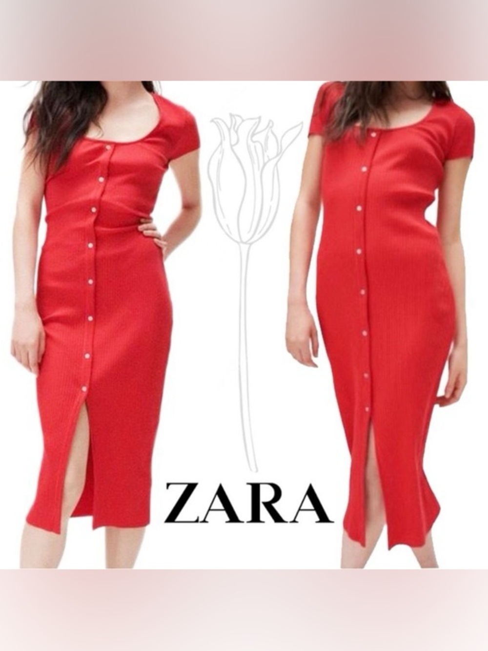 Zara Red Button-Front Ribbed Midi Dress with Cap Sleeves